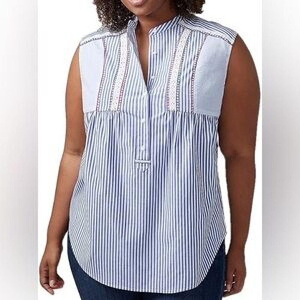Lane Bryant 22 Blue White Striped Sleeveless Blouse Boho Embroidered Cotton Top
